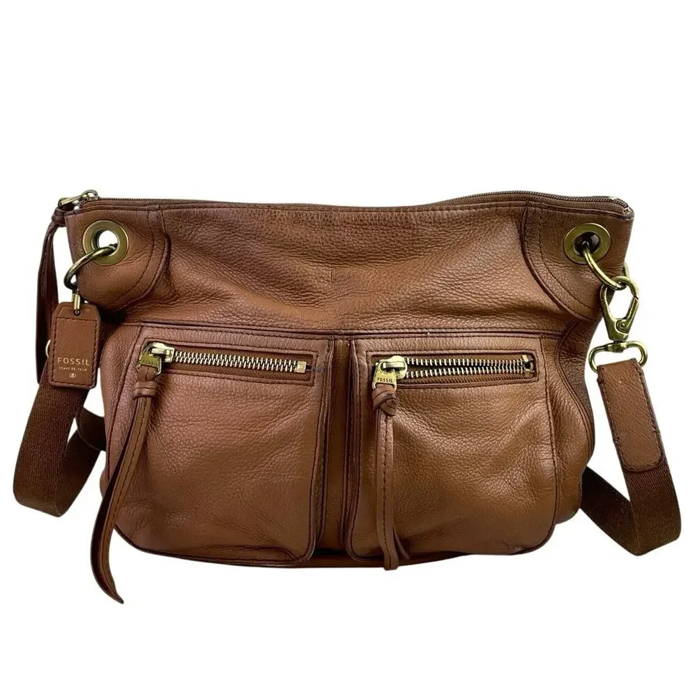 Fossil Karli Women's Tan Brown Pebbled Leather Hobo Crossbody Handbag Size OS
